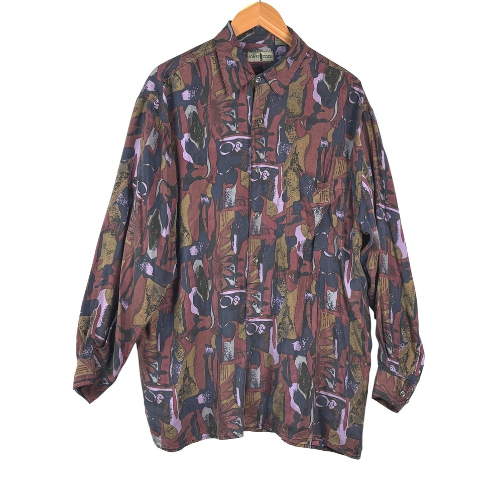 VTG Robert Stock Men Button Shirt L Silk Abstract 90s Boho Eclectic Retro Artsy